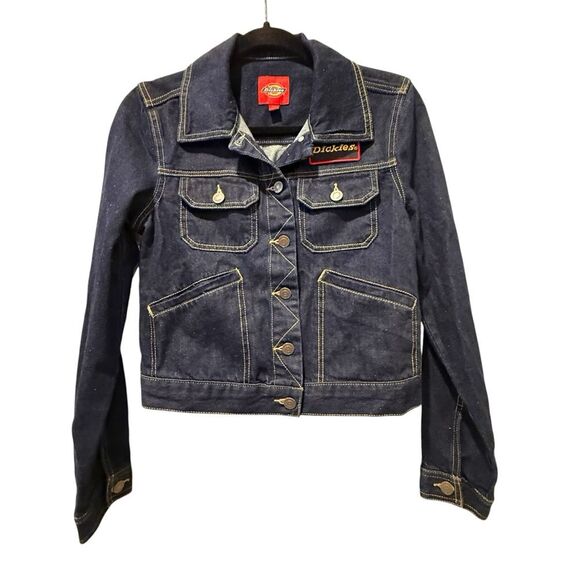 Dickies Cotton Convoy Logo Jean Jacket‎ Blue Dark Wash Distressed Juniors Small - Picture 1 of 9